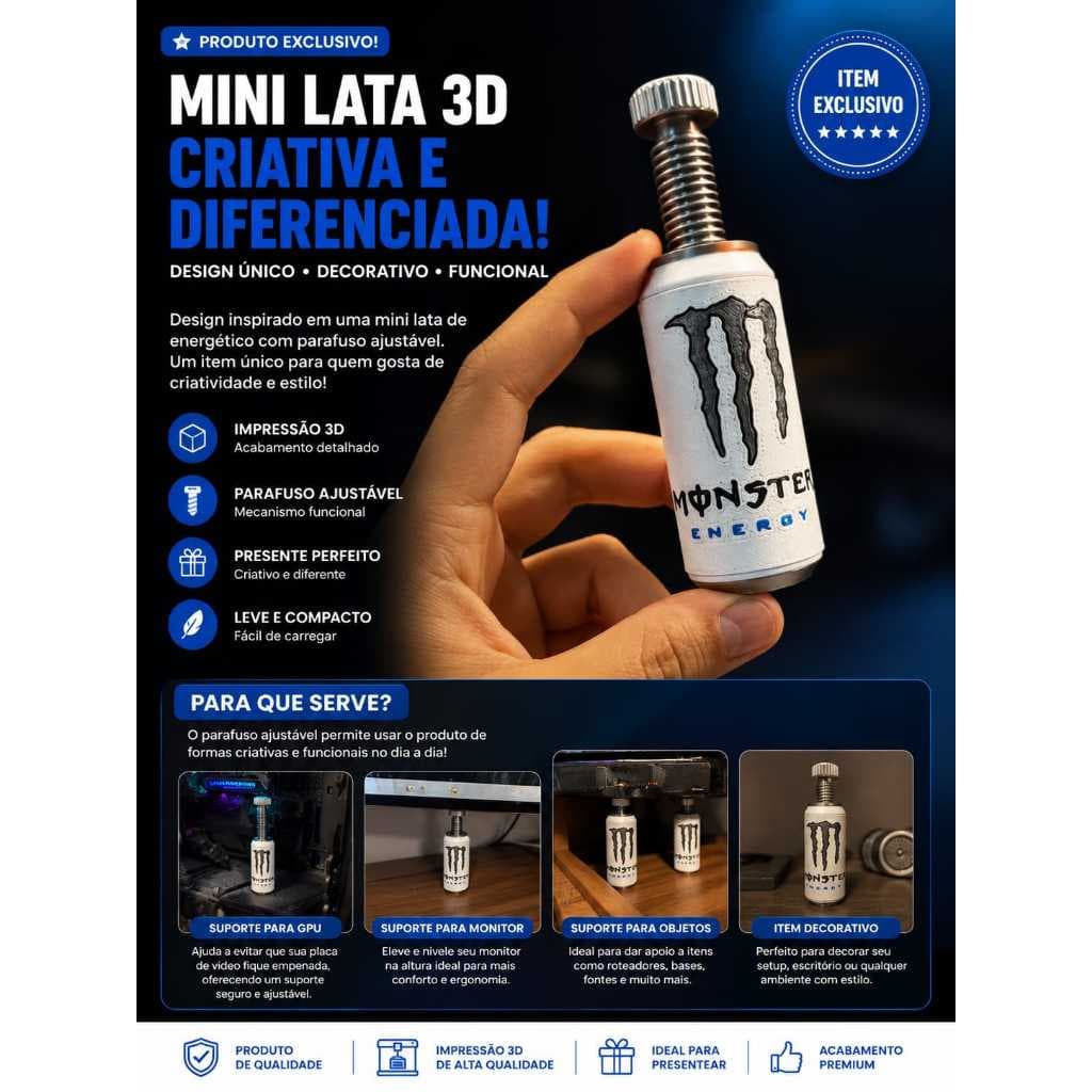 Mini Lata Monster 3D com Parafuso Ajustável | Suporte para GPU, Monitor e Decoração Gamer
