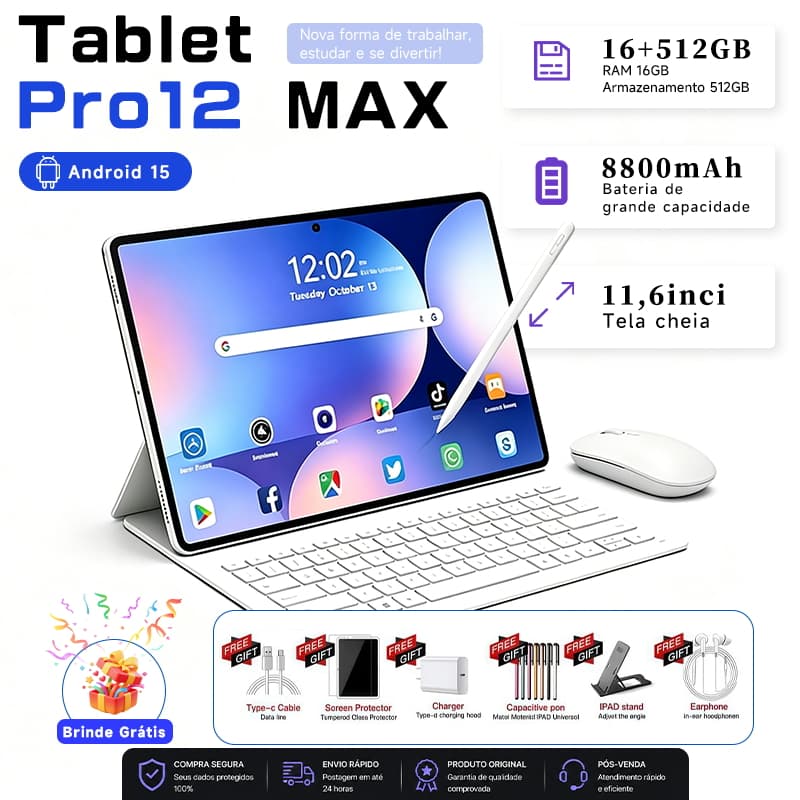 With Free Keyboard and Mouse | Tablet Pro12Max: 12GB RAM, 512GB | Android 15 | 11.6" HD screen | 5G | 8800mAh battery