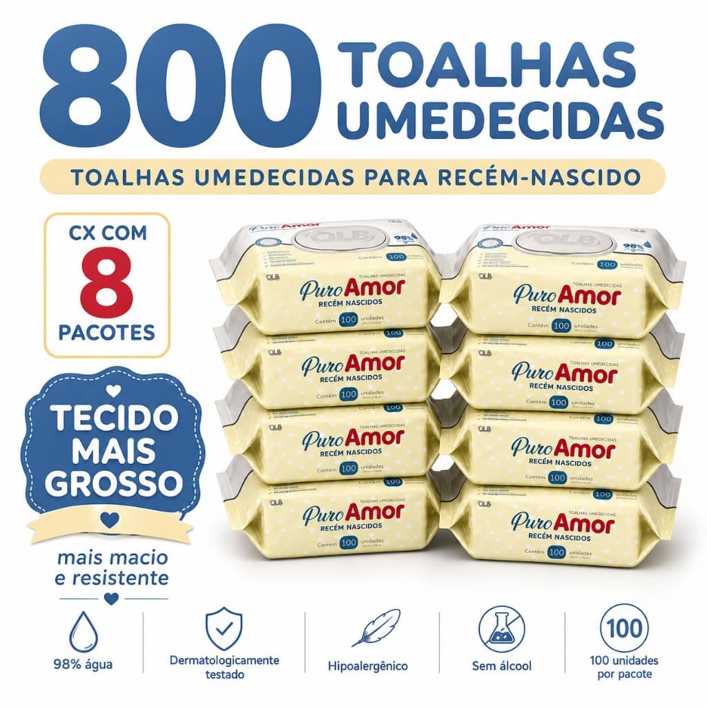 Caixa com 8 Lenços/Toalhas Umedecidas Puro Amor Recém-Nascidos c/100 Unidades Cada – Tampa FlipTop - Tecido mais espesso