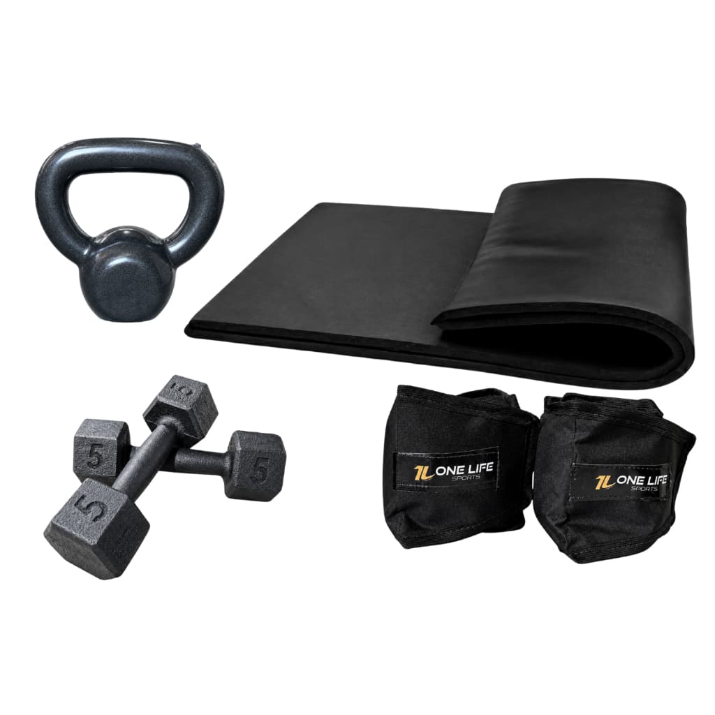 Kit Aeróbico Caneleira 5kg Halter 5kg Colchonete Kettlebell 6kg Treino Funcional em Casa