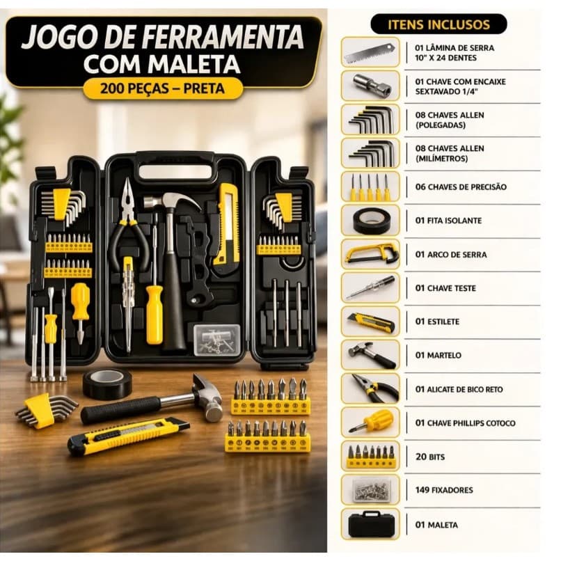 Kit Ferramentas Completo Maleta Organizada Profissional 200 Peças Multifunção