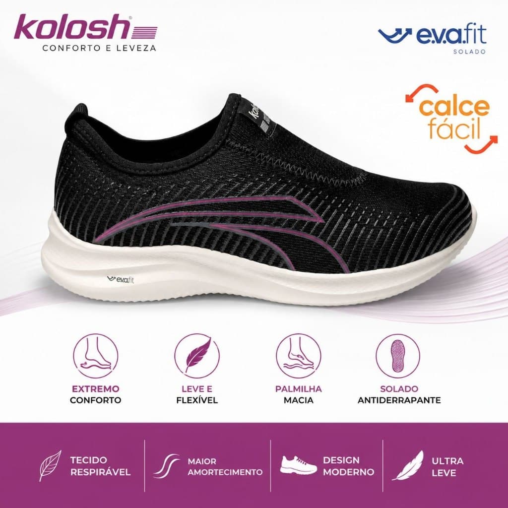 Kolosh Tênis Feminino Esportivo Slip On Confortável Preto - Original