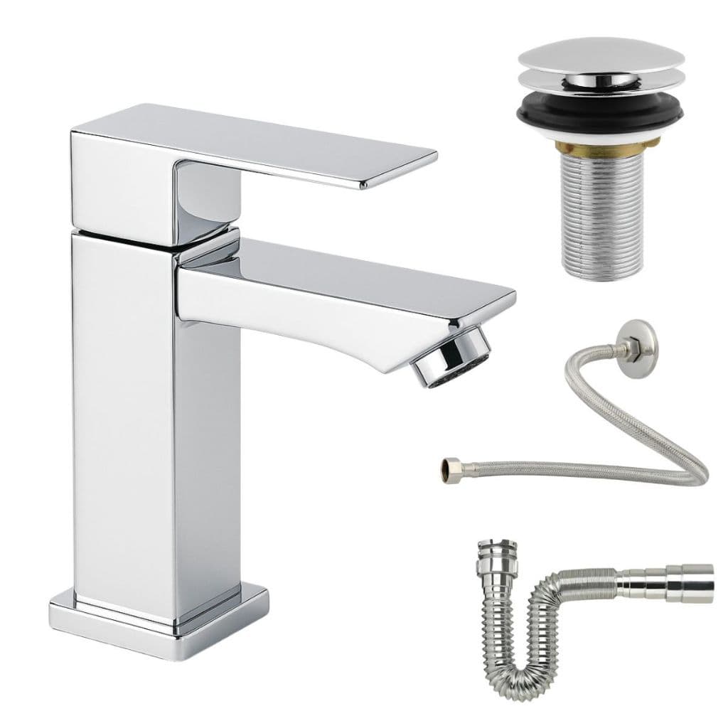Kit Completo Para Banheiro Torneira Metal Cromada Bica Baixa Válvula Click Inteligente Sifão Universal e Engate 60 cm