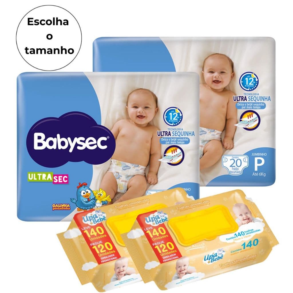 Kit 2 Pacotes Fraldas Babysec Galinha Pintadinha + 2 Pacotes Toalhas Umedecidas Upa Bebê Economia e Proteção