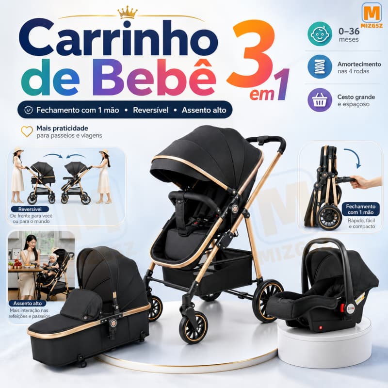 Carrinho de Bebê Luxo 3 em 1 Preto e Dourado com Moisés Bebê Conforto e Assento Reversível