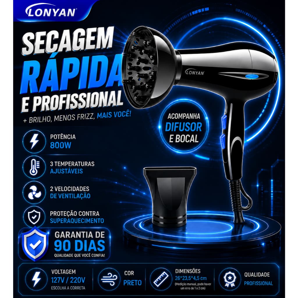 Secador de Cabelo Profissional com Difusor 127V 220V 110V Íons Negativos Anti-Frizz 5 Níveis Turbo Ar Quente Frio LONYAN
