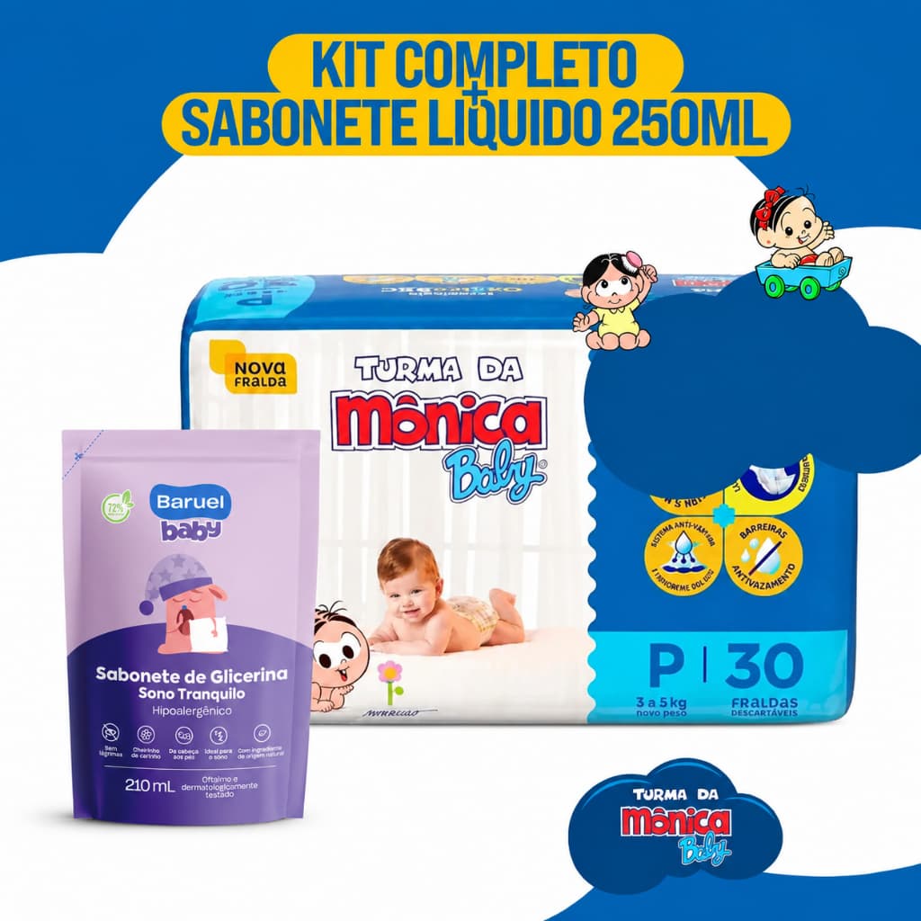 Kit 4 Pacote de Fraldas Turma da Mônica Baby P M G 12h Proteção + Sabonete Liquido Baruel