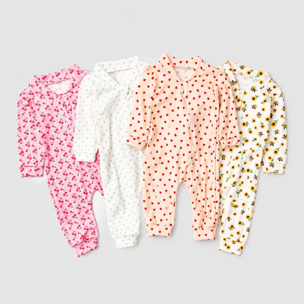 Kit 4 Macacão Canelado Estampado para Bebê com Zíper Menino e Menina – RN/P/M/G