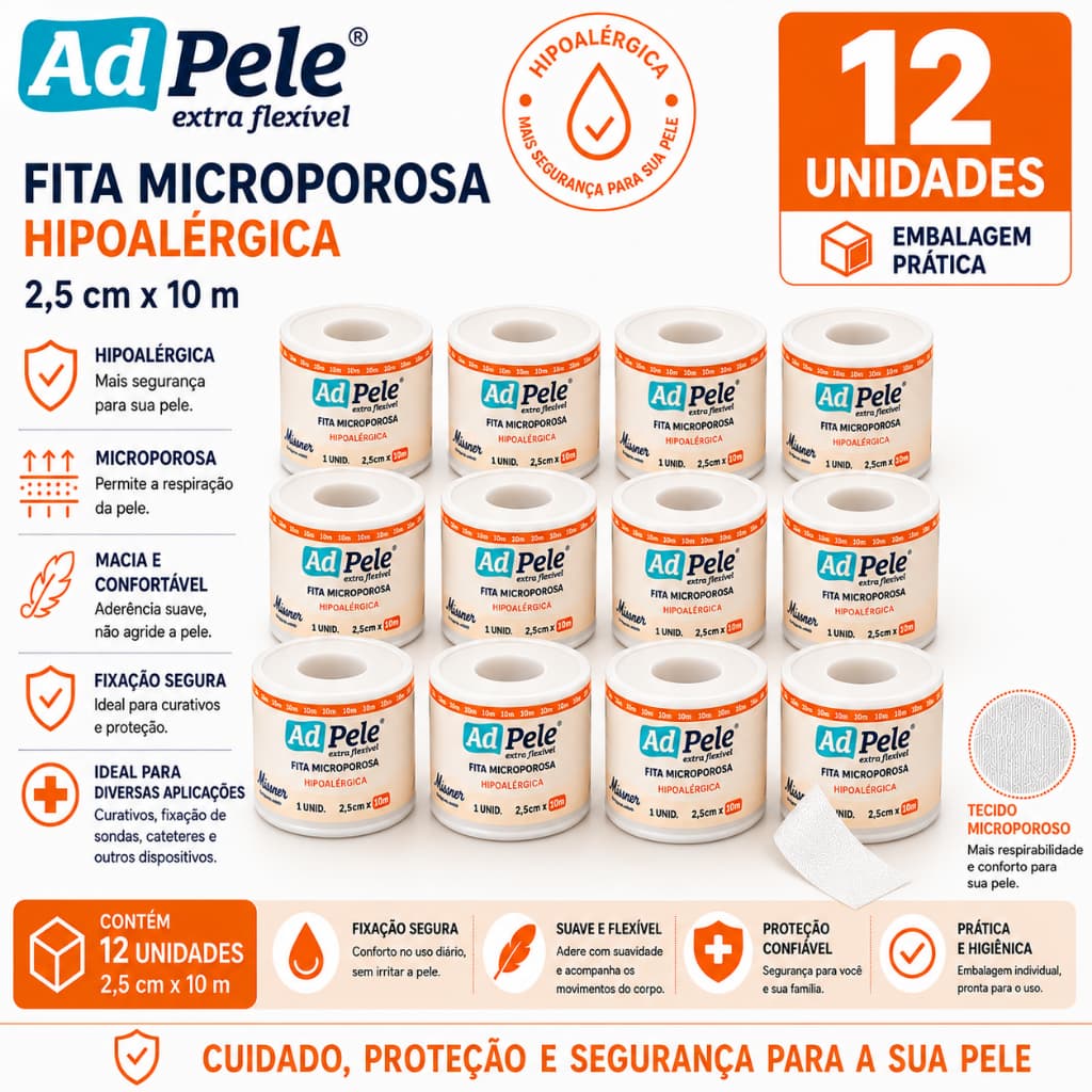 KIT C/ 12 Fitas Cirúrgica Micropore Hipoalérgica Discreta Branca Missner 2,5cmX10m