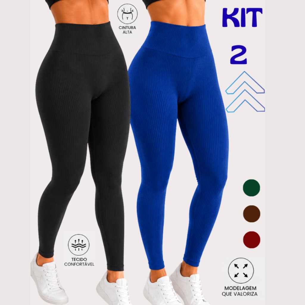 Kit 2 Calça Legging Canelada Premium Cintura Alta Zero Transparência Empina Bumbum Academia Fitness Treino Musculação