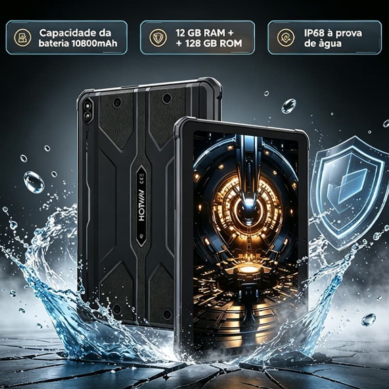 Tablet Android Tela Grande 10.1” HD 12GB+128GB IP68 à prova d'água e à prova de quedas WiFi e dual sim