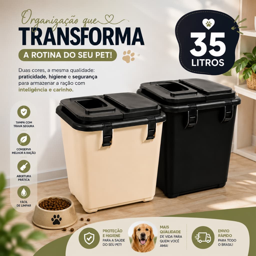 Contêiner Porta Ração 15KG 35 Litros Ração de Cachorro Gato