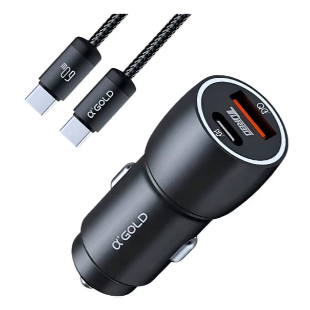Kit Carregador Veícular Turbo 60W PD + USB-C Com Cabo Tipo-C/Lightning Compatível Com Android e iPhone