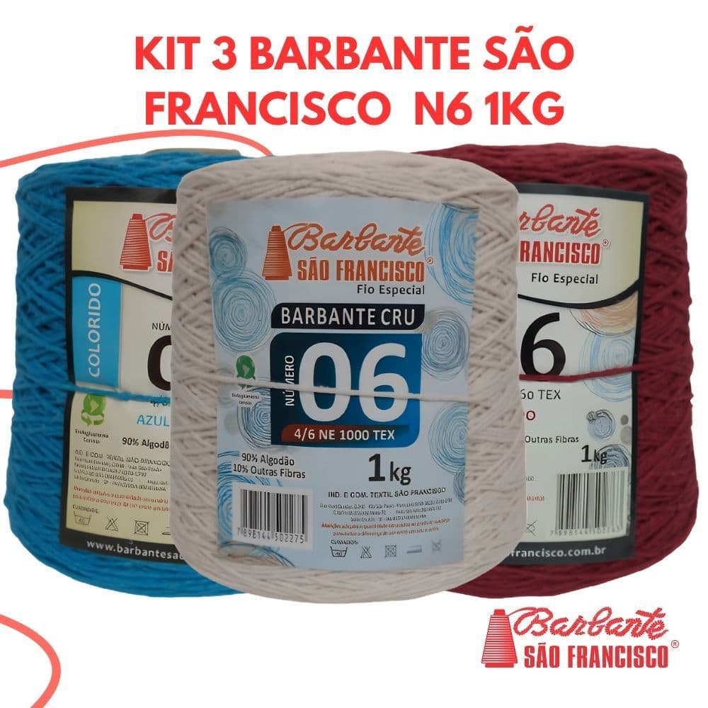 KIT 3 Barbante Colorido N°06 Cone De 1kg Cores Variadas, Linha de Crochê,Tapetes para Artesanato.