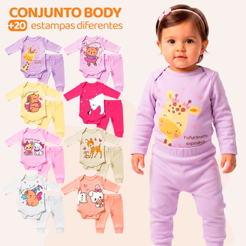 Kit 4, 8 ou  Peças de Roupas para Bebê Menina (Body Longo + Calça Mijão)  Conjunto Body + Calça Roupa de Bebê Feminina