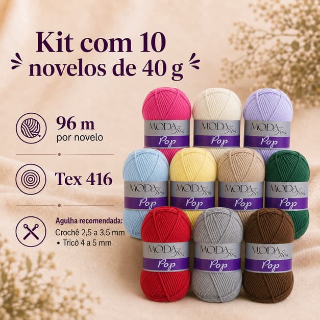 Kit 10 Novelos Fio Acrílico Pop Moda Fios 40g 96m para Crochê Tricô Artesanato e Amigurumi Colorido