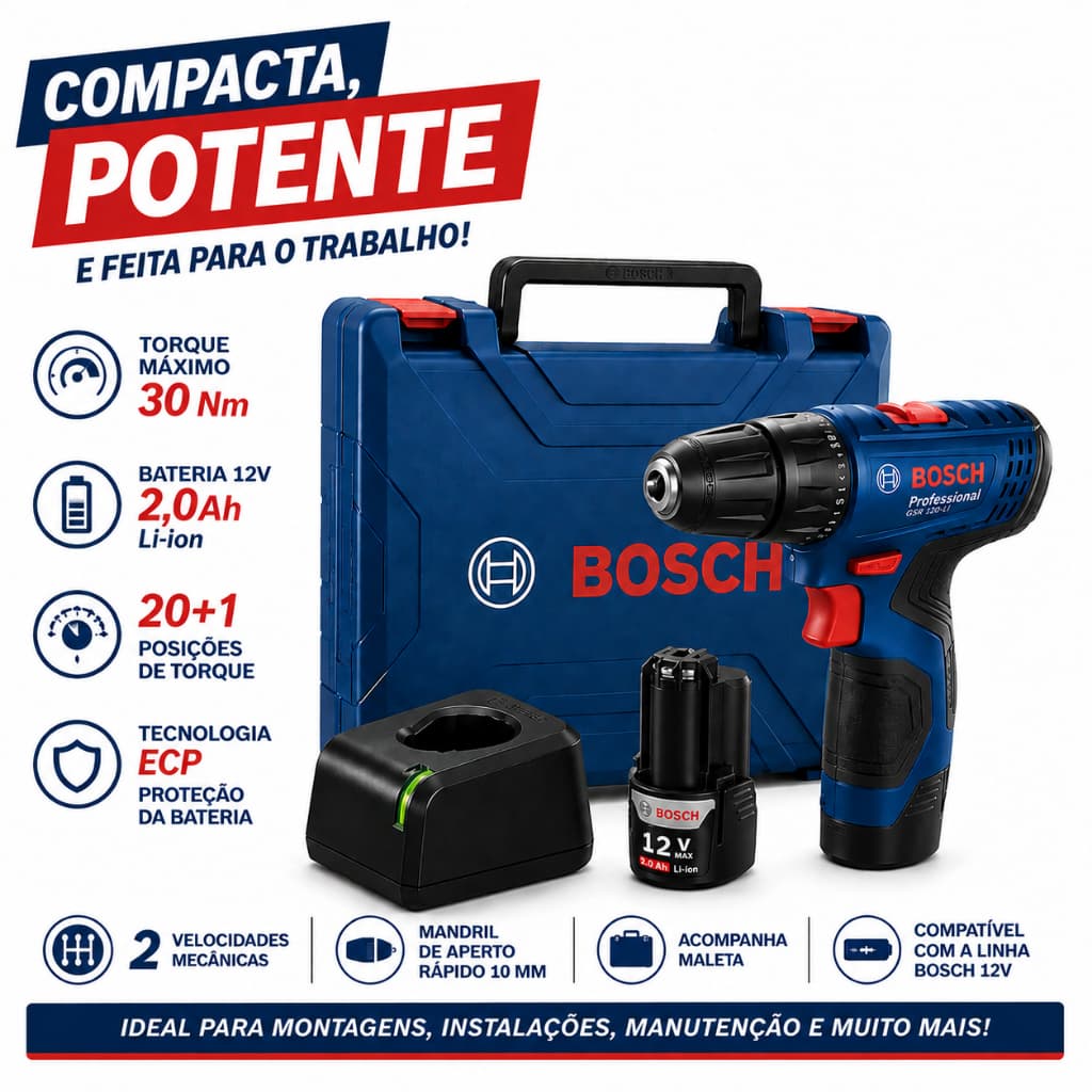 Parafusadeira Furadeira Profissional GSR 120-LI 12V com1 Bateria 2Ah e Maleta plástica Bosch