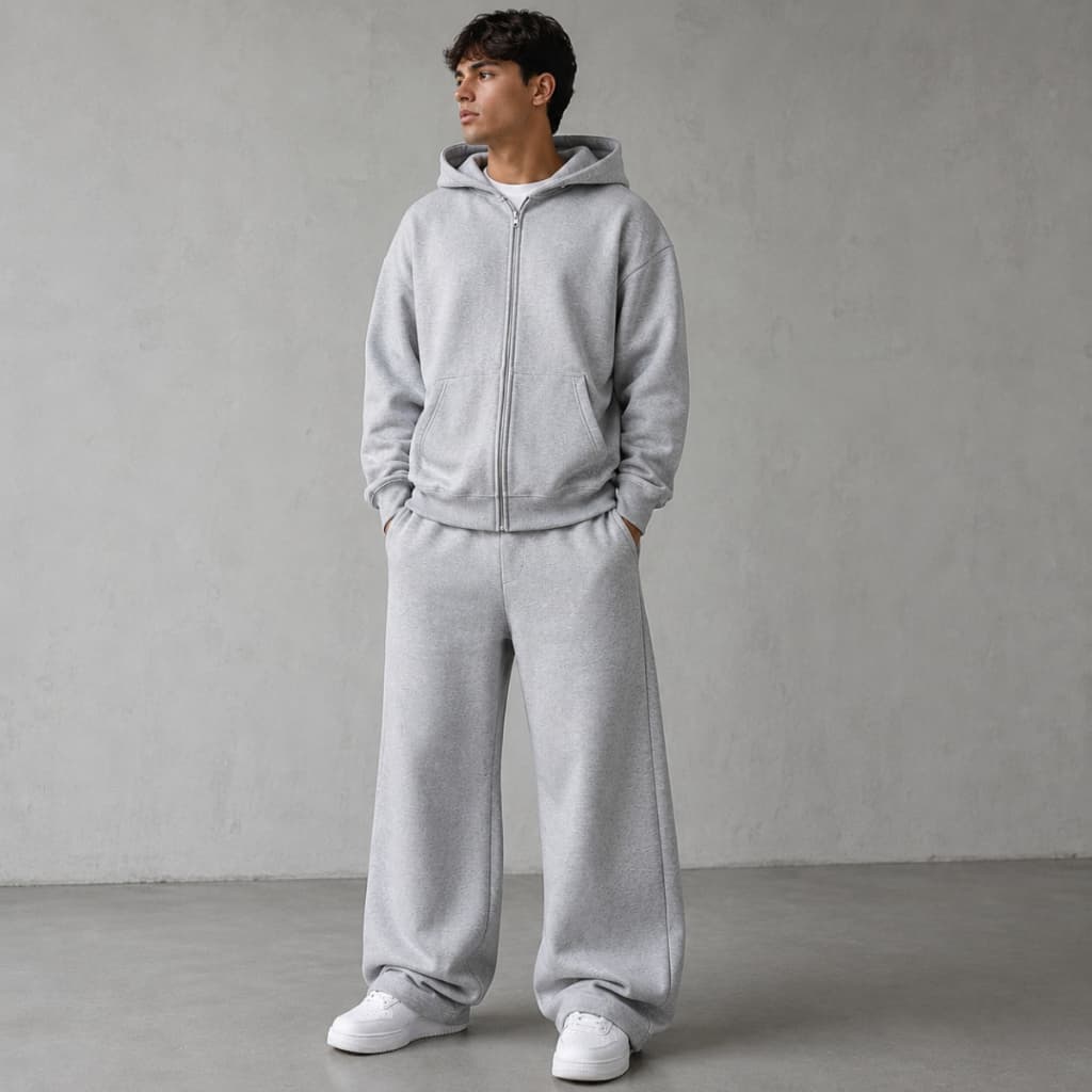 Conjunto Moletom Zíper + Calça Wide Baggy Unissex Flanelado Premium Streetwear