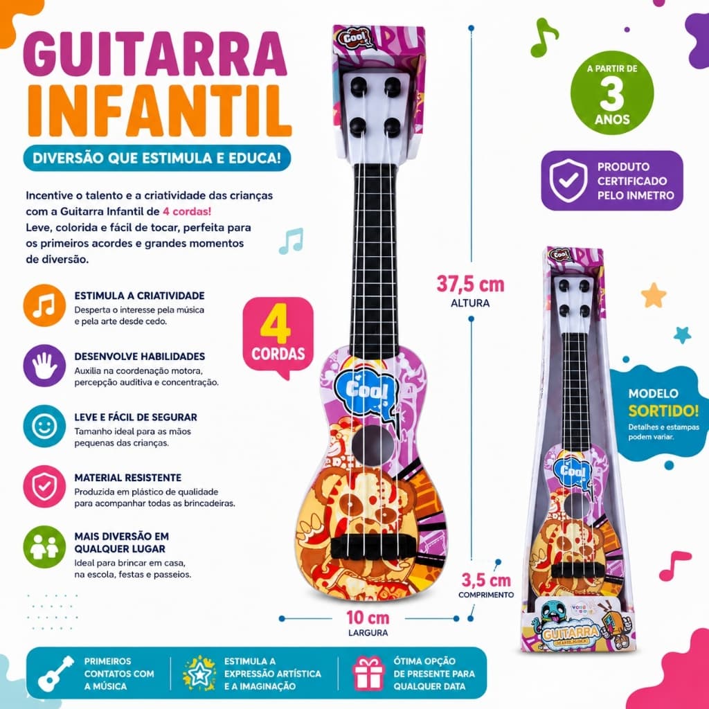 Brinquedo Guitarra Infantil 4 Cordas Musical Colorida Instrumento Inicialização Brinquedo Educativo
