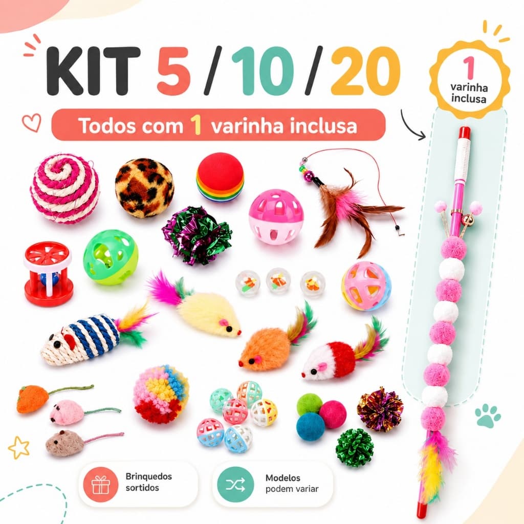 Kit 5/10/20 Brinquedos para Gatos Sortidos com Varinha Ratinho Bolinha Pena Interativo Filhotes Adultos