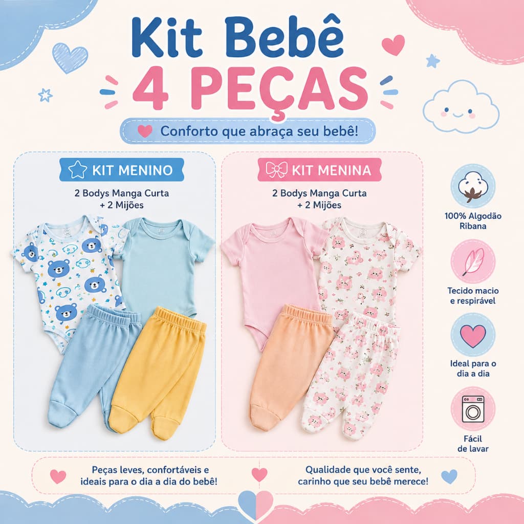 Kit 4 Peças Bebê Body Manga Curta Mijão Algodão Ribana Estampado Unissex Menina Menino Enxoval