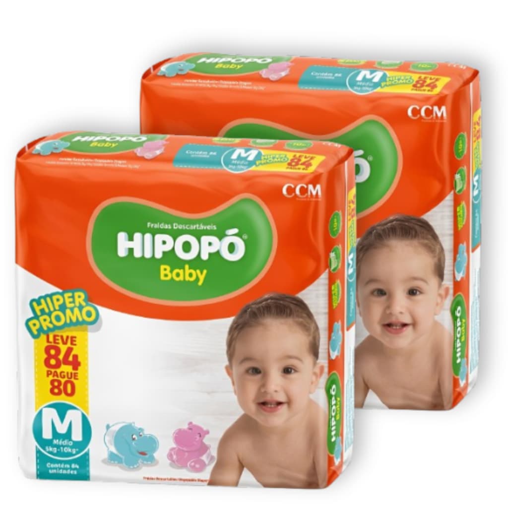 Kit 2 Fralda Descartável Hipopó Baby M Pacotão Hiper Total 168 Unid Econômico