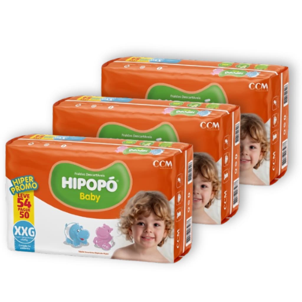 Kit 3 Fralda Descartável Hipopó Baby XXG Pacotão Hiper Total 162 Unid. Econômico