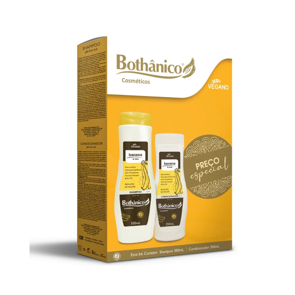 Shampoo e Condicionador Antifrizz Hidratante 500ml e  250ml Banana e Chia Bothânico Cosméticos