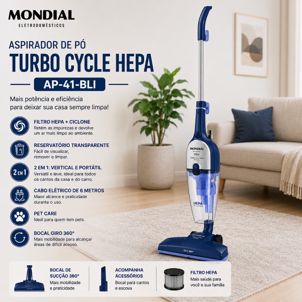 Aspirador de Pó Mondial Turbo Cycle HEPA AP-41-BLI 1550W Vertical e Portátil Azul/Inox