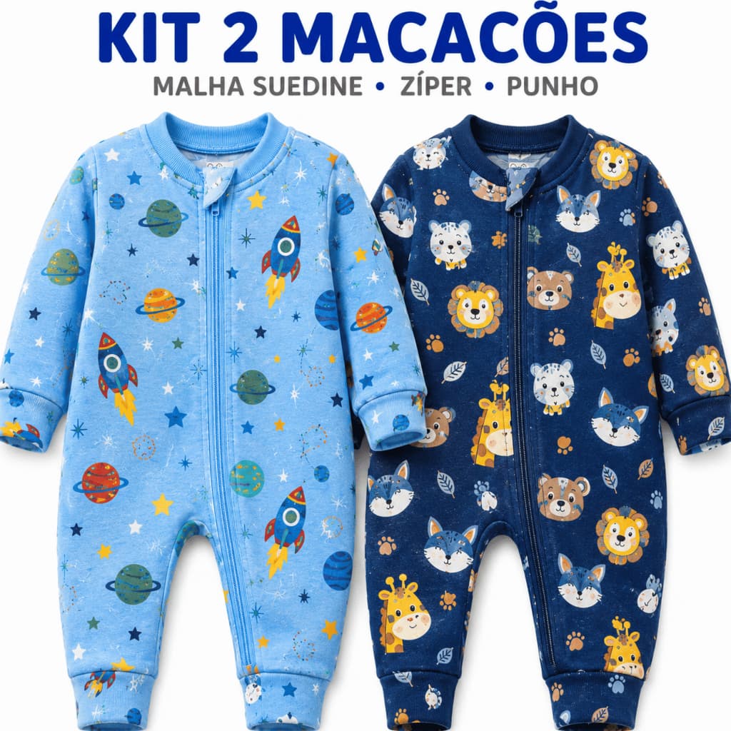 Kit 2 Macacão Bebê Menino Suedine Zíper Vira Pé Antialérgico P M G Enxoval Maternidade