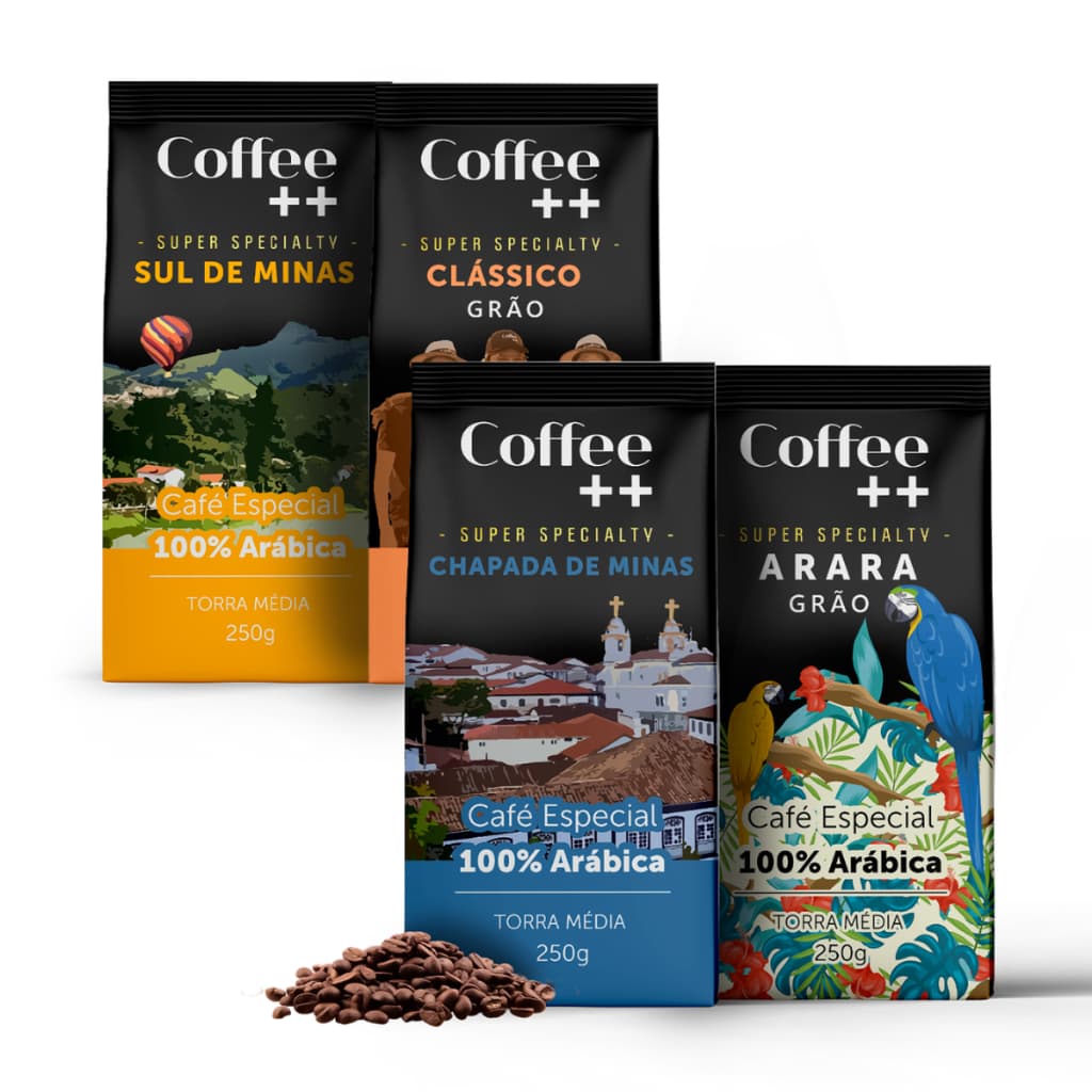 Kit Café Especial em Grãos Coffee ++ 100 Arábica em Grãos Torra Média Variedades 4 x 250G