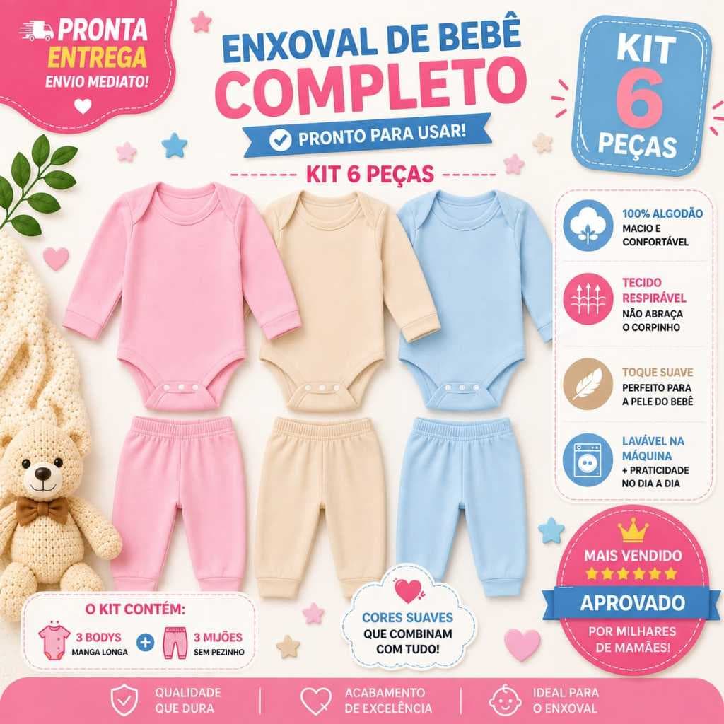 Kit Enxoval 6 Peças Body Manga Longa E Mijao  Calça De Bebê Infantil  Menina e Menino