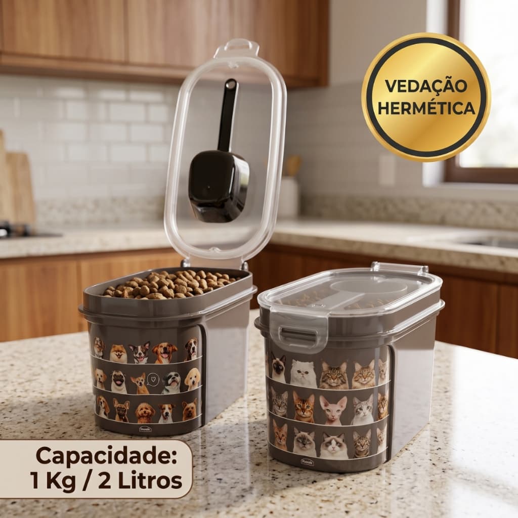 Porta Ração 2L Dispenser Pote Tampa Hermética Dosador Cachorro Gato Balde Pet Vedação Anti Formiga