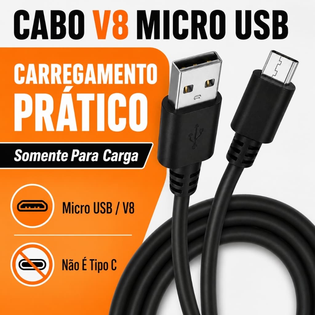 Cabo Micro USB V8 USB-A Para Carregamento Somente Carga Não Transmite Dados Não é USB-C