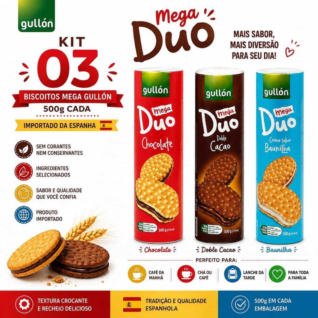 Kit 03 Biscoitos Gullón Mega Duo 500g Cada – Chocolate, Doble Cacao e Baunilha – Importados da Espanha