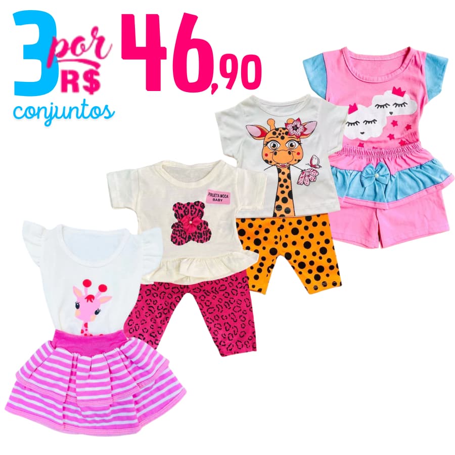 Kit Sortido 6 Peças Roupa de Bebê Menina-3 Camisetas+3 Shorts-3 Conjuntos Roupinhas Para Bebê Menina