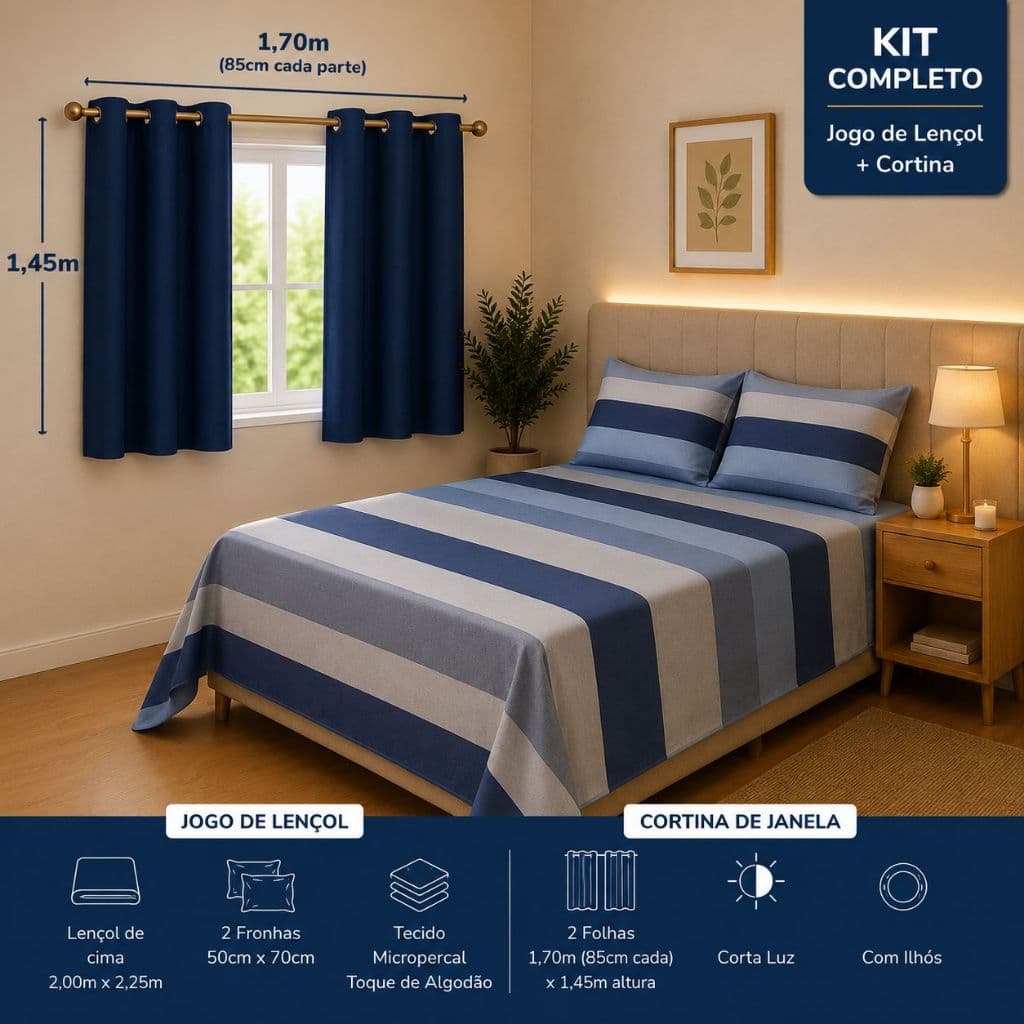 Kit Completo Jogo de Lençol Cama Casal + Cortina de Oxford Belíssima