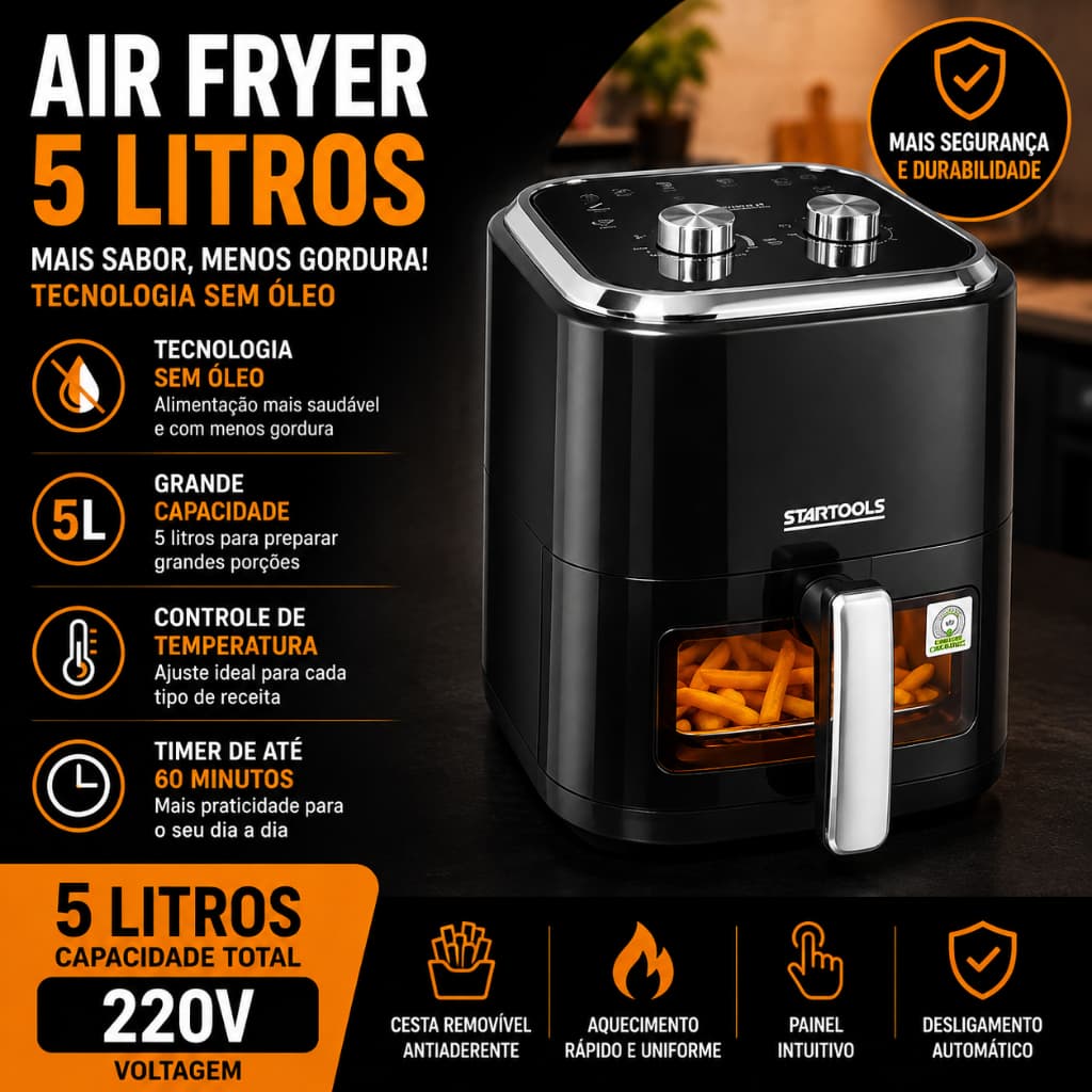 Air Fryer Fritadeira Elétrica 5 Litros 220V Sem Óleo Grande Capacidade Preta