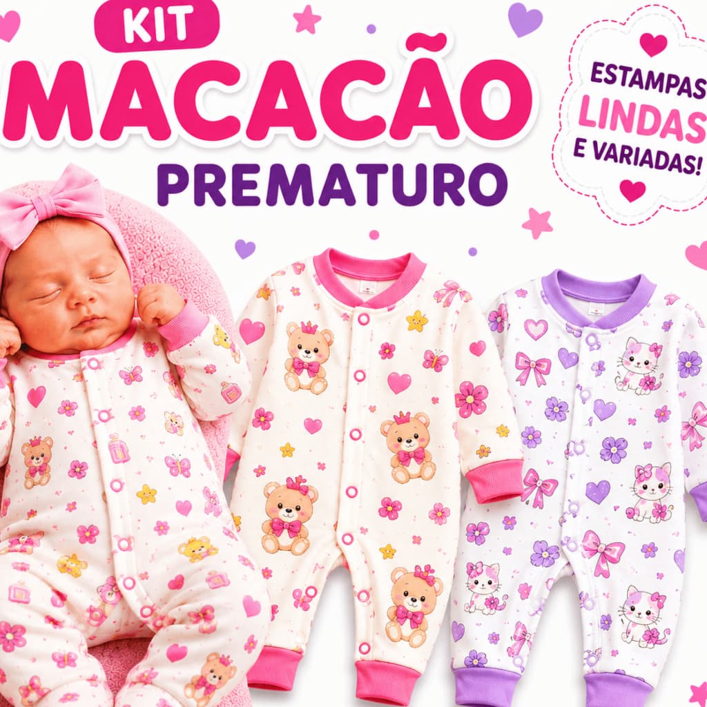 Kit 2 Macacão Prematuro Bebê Menina RN Suedine Algodão Estampado Roupa Bebê Enxoval Recém Nascido Saída Maternidade