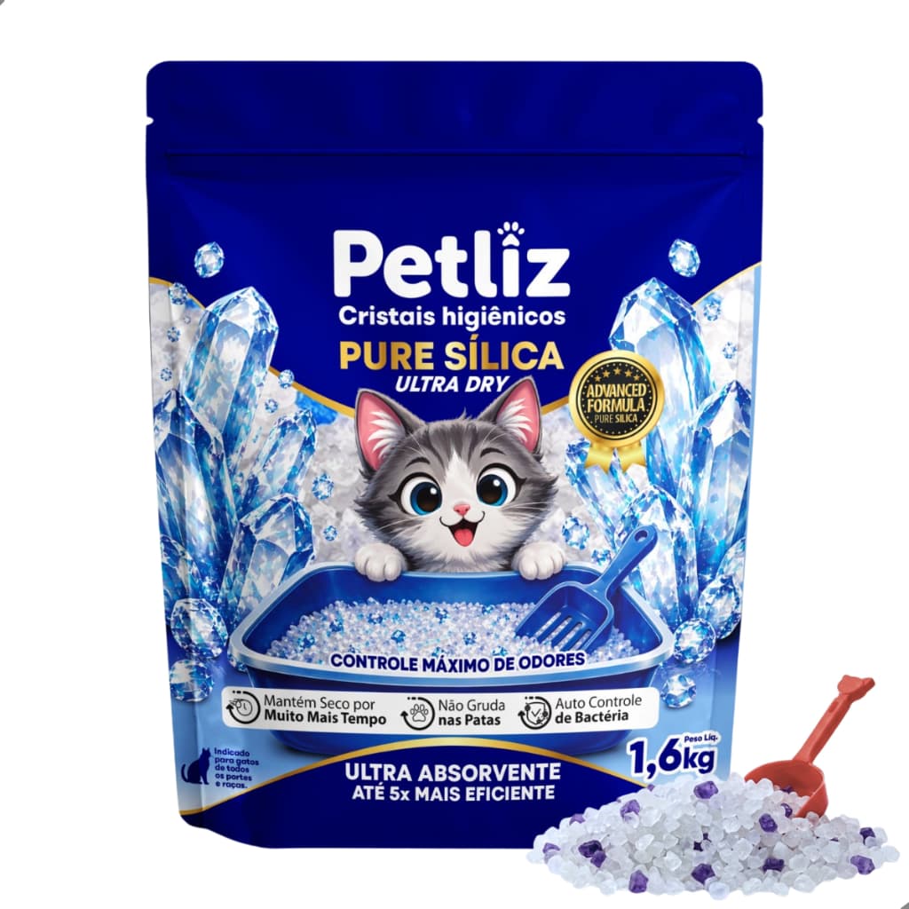Areia Sanitária Higiênica para Gatos Cristas de Sílica Grossa Ultra Absorvente Petliz 1,6kg