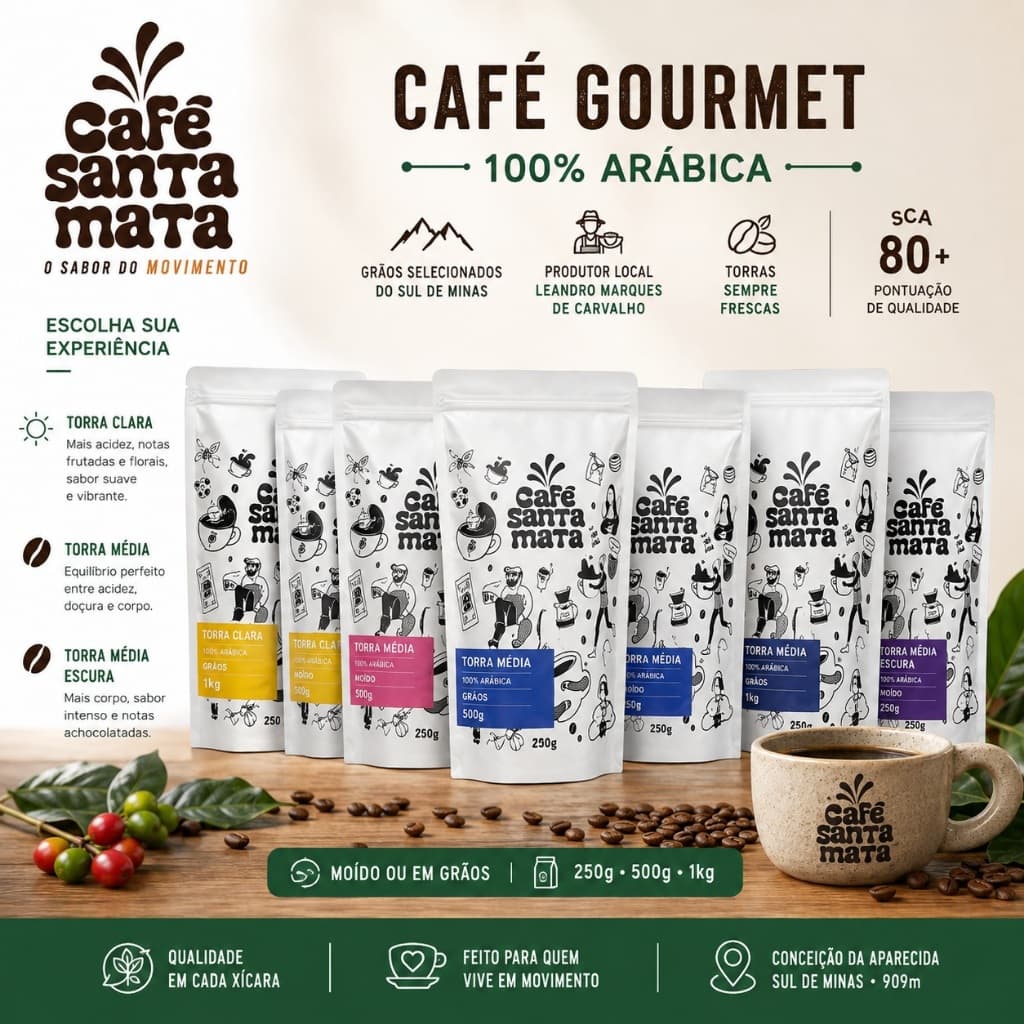 Café Gourmet Santa Mata 100% Arábica SCA 80+ Torra Fresca 250g 500g 1kg Moído ou em Grãos