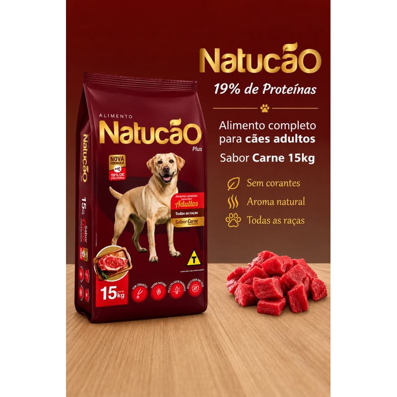 Ração para Cachorro NatuCão Plus 15kg Adultos Carne Rica em Proteína Vitaminas Ômega 3 6