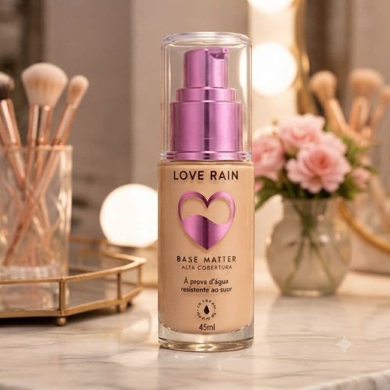 Base Líquida Matte Love Rain Alta Cobertura Oil Control Efeito Aveludado Longa Duração