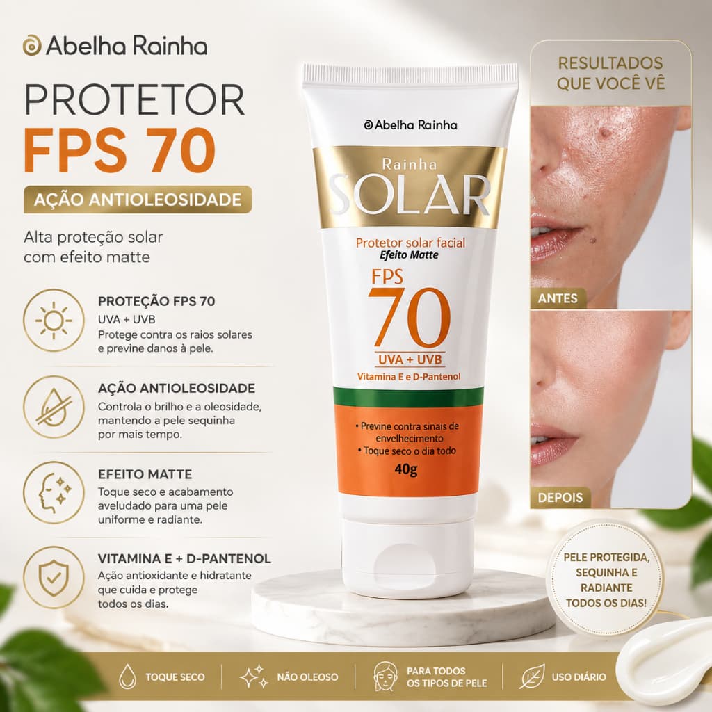 Protetor Solar Facial Abelha Rainha FPS 70 Efeito Matte 40g – Alta Proteção UVA + UVB, Toque Seco e Ação Antioleosidade