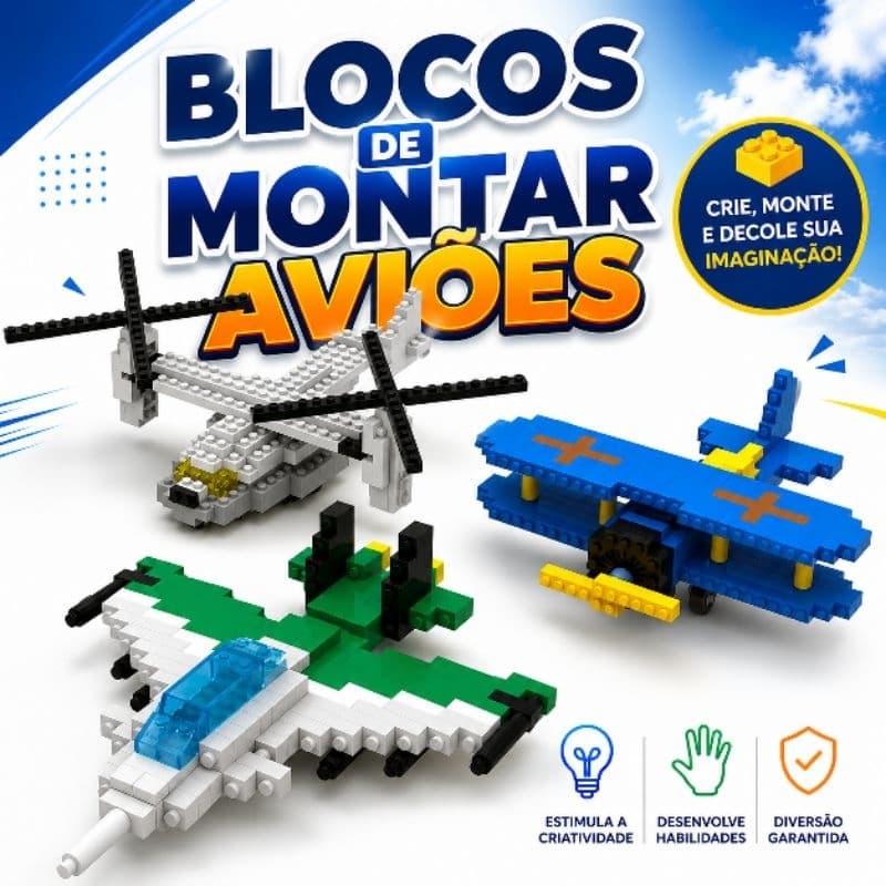 Blocos De Montar Aviões Kit Brinquedo Educativo, Tipo Lego, Colecionável, Criatividade, Coordenação Motora