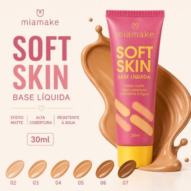 Base Liquida Alta Cobertura Mia Make Soft Skin Maquiagem Não Craquela