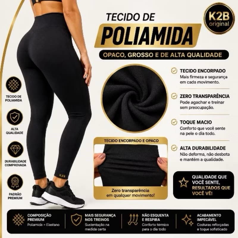 CalçasLegging Feminina Cintura Alta Modeladora Academia Fitness Básica Confortável k2B poliamida premium alta compressão