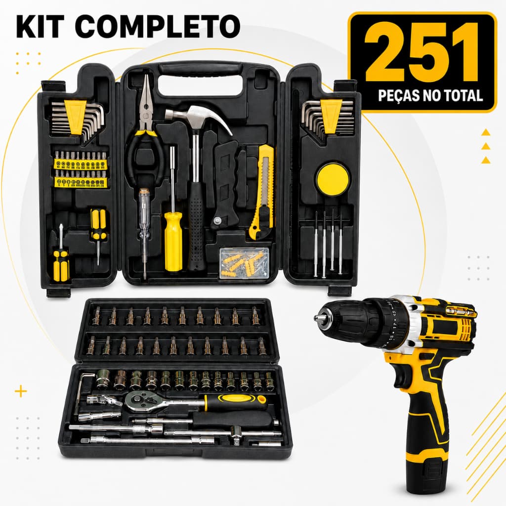 Kit Jogo Ferramentas com  Jogo Soquetes Catraca Reversível Parafusadeira Furadeira 12V Sem Fio Completo
