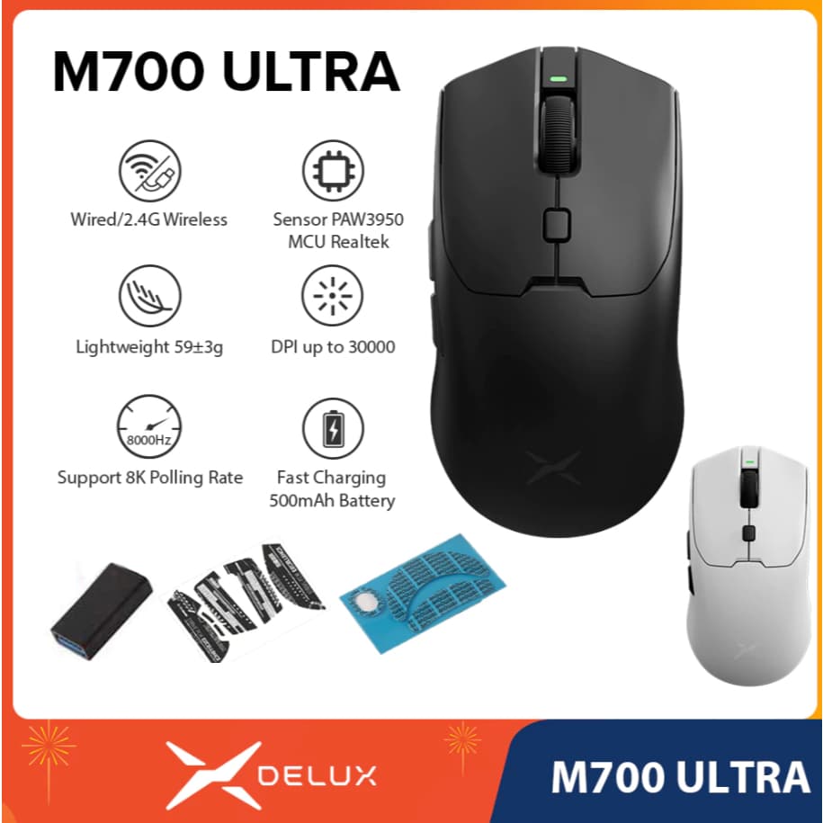 DELUX M700 ULTRA PAW3950 30000DPI 8000Hz 50G ACC Mouse Para Jogos Sem Fio Programável 59g Leve Com PC Gamer