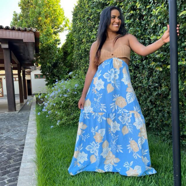 Vestido crochê/ Vestido Crochê Longo Azul Floral – Vestido Artesanal Feminino de Verão